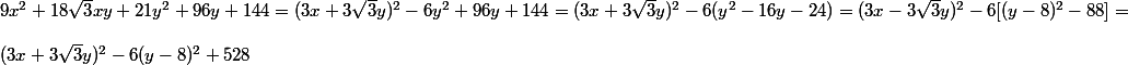 9x^2 + 18 \sqrt 3 xy + 21y^2 + 96y + 144 = (3x + 3 \sqrt 3 y)^2 - 6y^2 + 96y + 144 = (3x + 3 \sqrt 3 y)^2 - 6 (y^2 - 16y - 24) = (3x - 3 \sqrt 3 y)^2 - 6[(y - 8)^2 - 88] = 
 \\ 
 \\ (3x + 3 \sqrt 3 y)^2 - 6(y - 8)^2 + 528